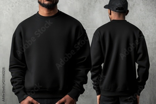 Black Crewneck Sweatshirt Mockup:  A stylish black crewneck sweatshirt mockup showcases the garment from both the front and back views on a textured gray backdrop.