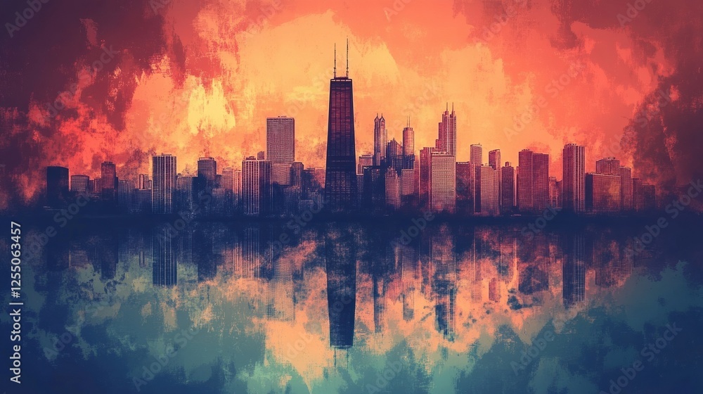 Fototapeta premium Minimalist Chicago skyline in grunge style with reflection.