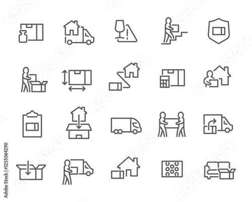 Line Art Moving Icons – Transport, Packaging and Unpacking. A versatile set featuring furniture assembly, lifting boxes, fragile item handling, delivery trucks, and organizational tools.