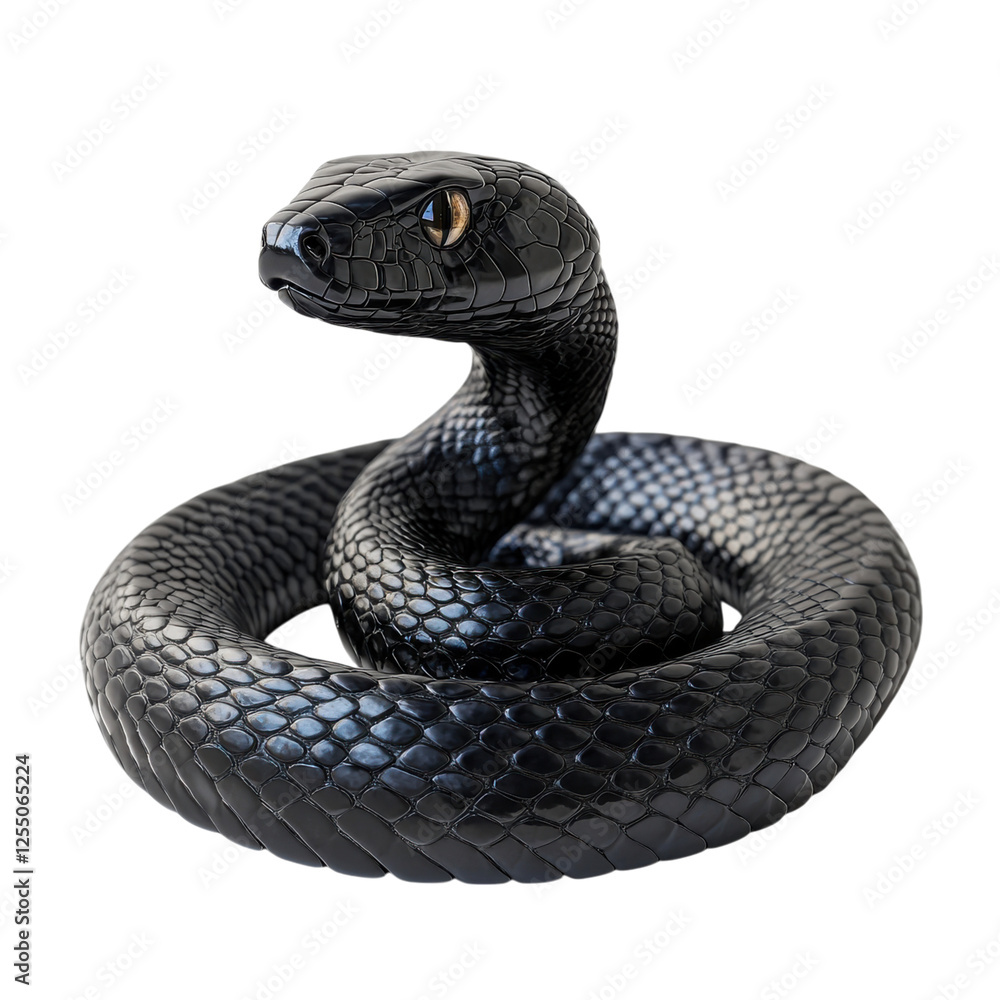 Fototapeta premium A sleek, coiled black snake with a striking gaze, showcasing intricate scales and a poised posture.