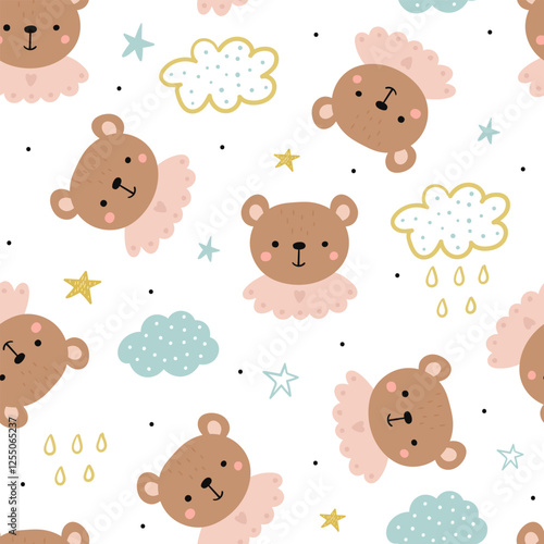seamless pattern featuring adorable teddy bears, stars, clouds on a white background.