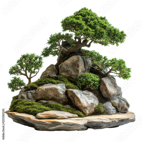 A detailed arrangement of rocks and lush greenery, featuring trees and moss, creating a natural landscape display.