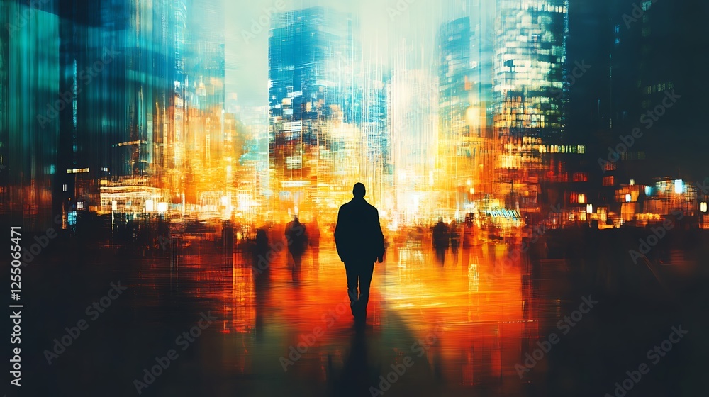 Night City Wanderer: A solitary figure strolls through a vibrant, futuristic cityscape bathed in warm and cool neon lights, a captivating blend of urban energy and quiet contemplation. Night City Wanderer: A solitary figure strolls through a vibrant, futuristic cityscape bathed in warm and cool neon lights, a captivating blend of urban energy and quiet contemplation.