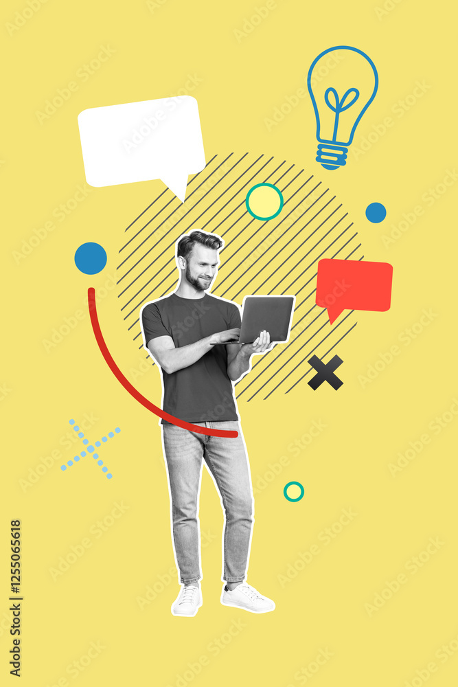 Sketch design trend artwork poster 3D photo collage of young man work laptop idea creative chatting occupation hr business human resources Sketch design trend artwork poster 3D photo collage of young man work laptop idea creative chatting occupation hr business human resources