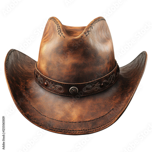 A rugged, weathered cowboy hat with intricate detailing and a decorative band, showcasing its classic Western style.