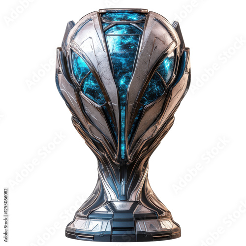 A futuristic trophy featuring a sleek design with a metallic finish and a glowing blue core.