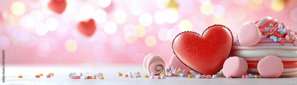 Fototapeta premium Colorful heart-shaped desserts on a table.
