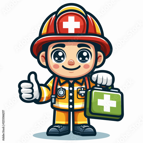 Cute firefighter paramedic holding first aid kit