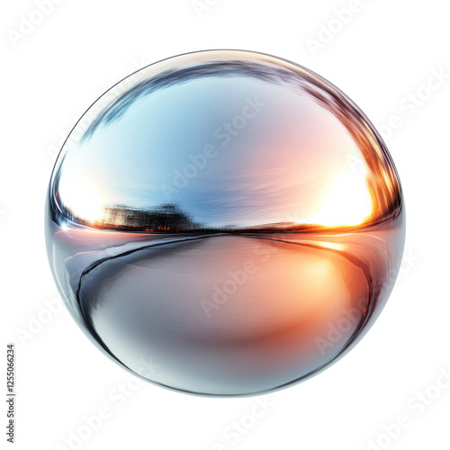 A polished metallic sphere reflecting light and color variations, showcasing a smooth, shiny surface.