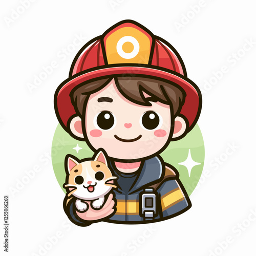 Cute firefighter holding a rescued cat