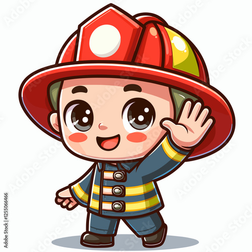 Cute firefighter waving in uniform