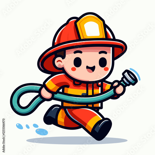 Cute firefighter running with a fire hose