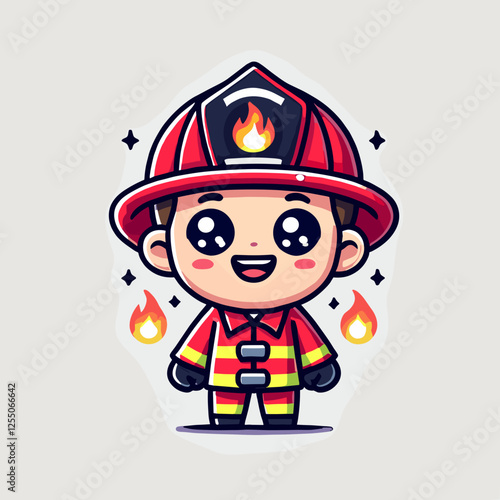 Cute firefighter in bright red uniform