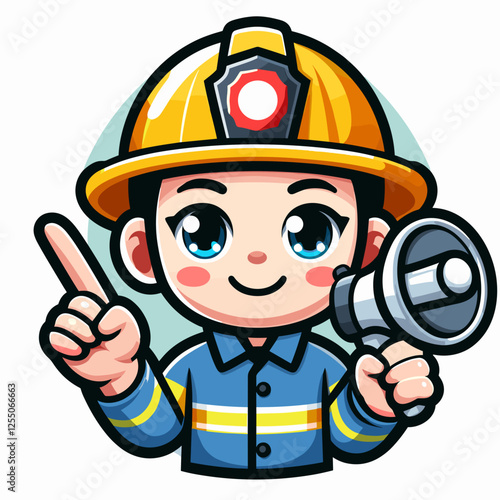 Cute firefighter with megaphone giving instructions