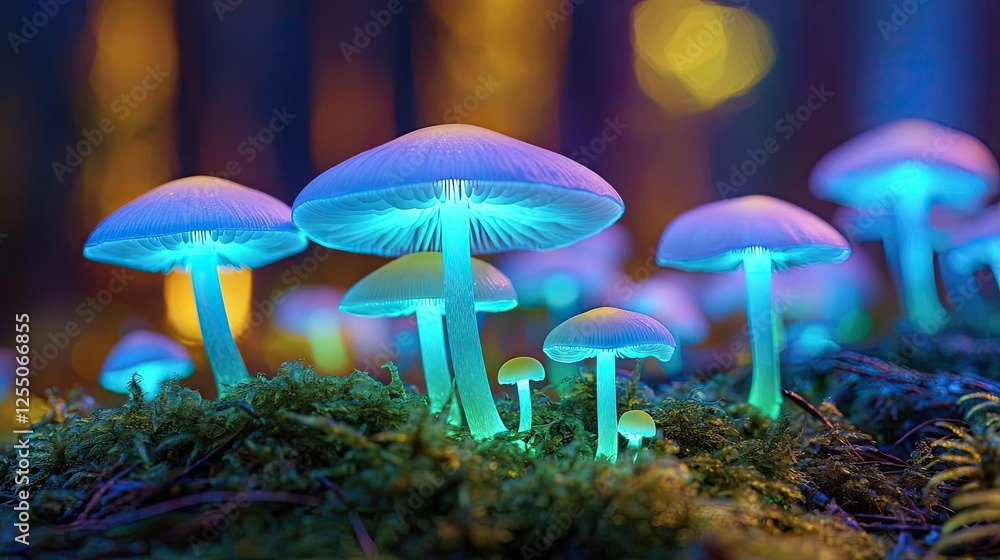 Fototapeta premium Glow forest concept. Vibrant glowing mushrooms in a mystical forest setting, showcasing nature's beauty.
