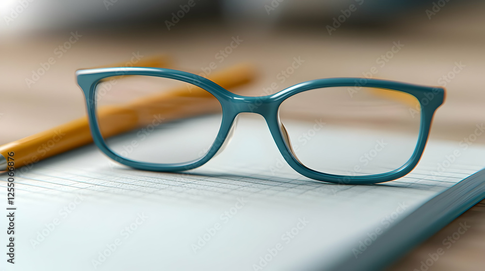 Teal eyeglasses on notepad, yellow pen, office