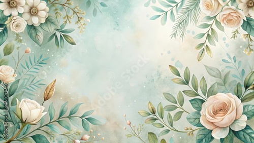 Elegant Pastel Floral Frame with Soft Watercolor Background and Delicate Botanical Elements