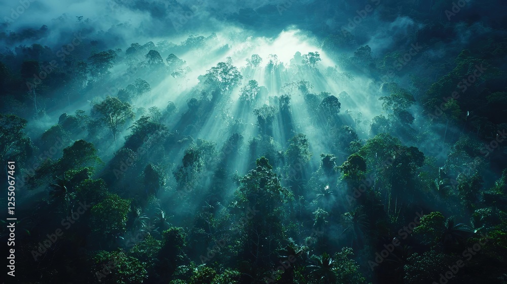 Fototapeta premium Glow forest concept. Majestic forest with sun rays piercing through misty canopy, showcasing nature's beauty.