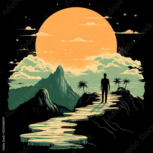 Silhouette figure on mountain path at night, artistic landscape, possible t-shirt graphic photo