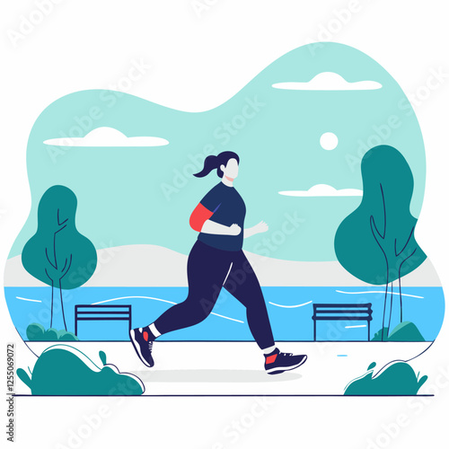 A woman jogging in the park. Flat style. Vector illustration.