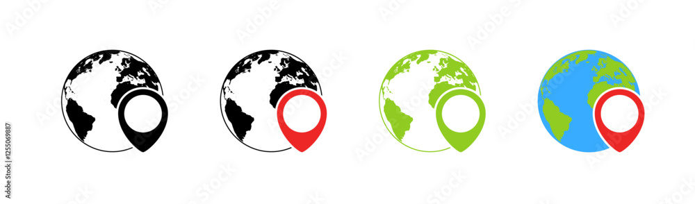 Earth icons. Map point icons. Flat and silhouette style. Vector icons.