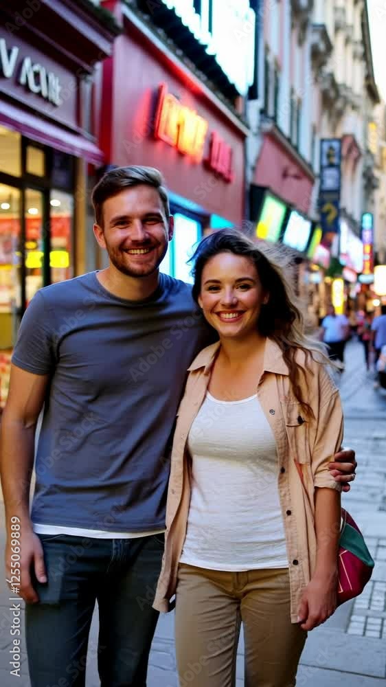 vertical video of couple enjoying a fun day out in the city, strolling and smiling amidst a bustling urban scene vertical video of couple enjoying a fun day out in the city, strolling and smiling amidst a bustling urban scene
