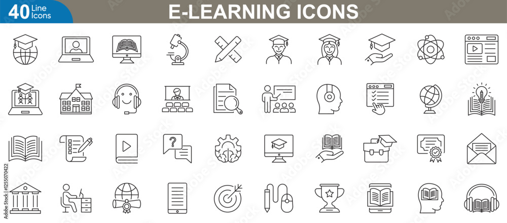 E-learning icons set. Vector illustration for online education, digital learning platforms, virtual classrooms, distance learning, web based training, mobile education apps and more E-learning icons set. Vector illustration for online education, digital learning platforms, virtual classrooms, distance learning, web based training, mobile education apps and more