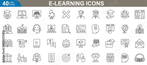 E-learning icons set. Vector illustration for online education, digital learning platforms, virtual classrooms, distance learning, web based training, mobile education apps and more
