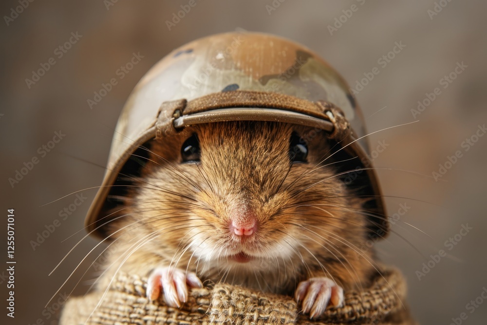 Obraz premium Adorable mouse in vintage military helmet posed against a concrete backdrop in realistic photography