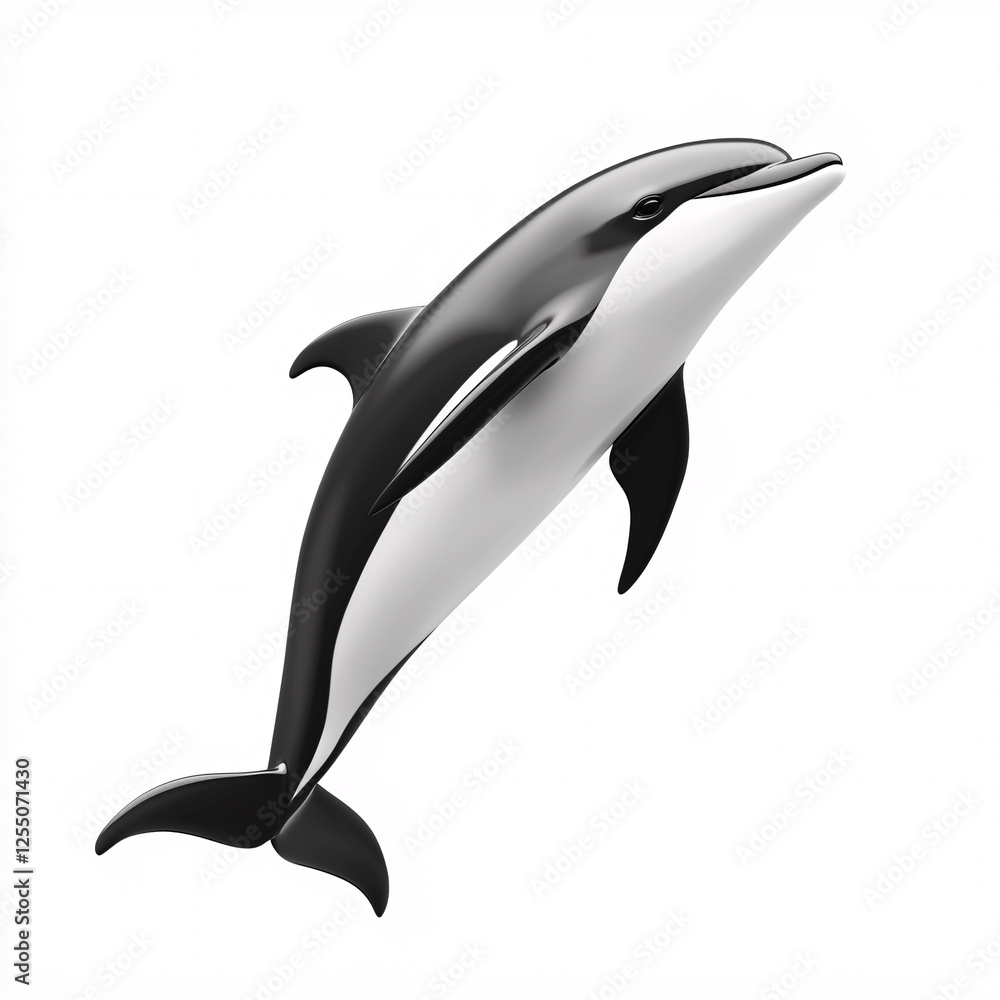 Obraz premium Black and white dolphin leaps upwards, its sleek body contrasted against a stark white background.