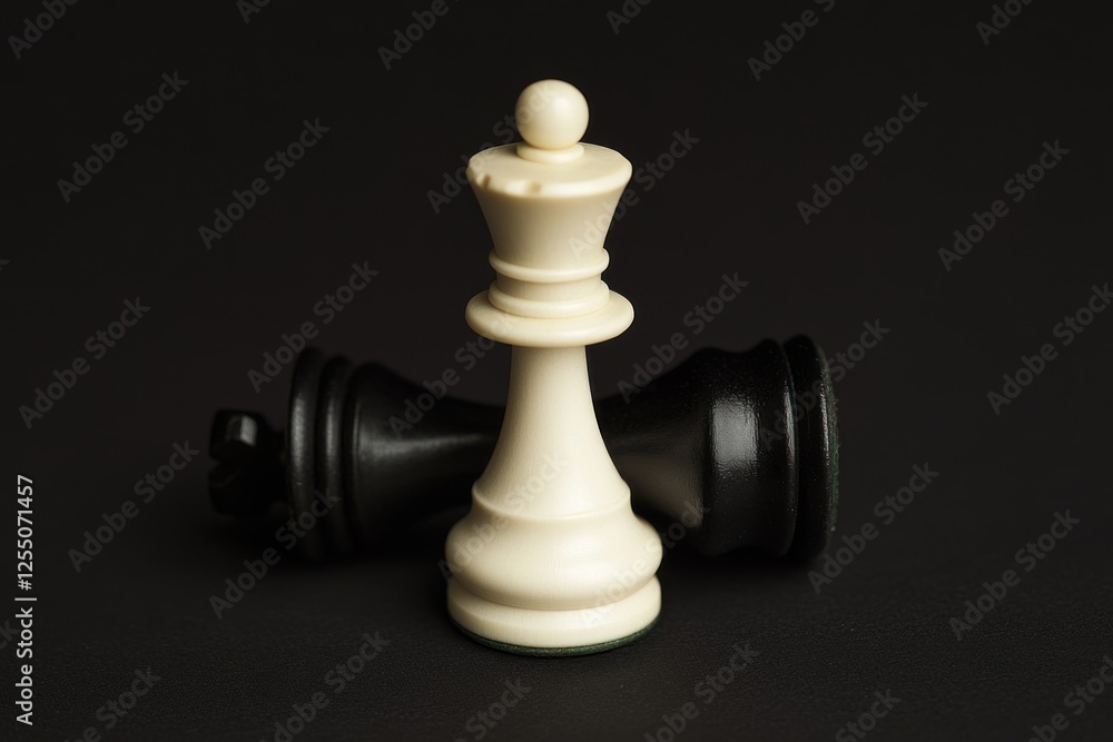 White chess queen standing tall over fallen black rooks. White chess queen standing tall over fallen black rooks.