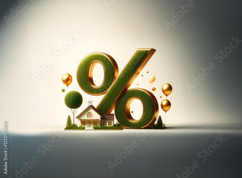 A green percentage symbol stands prominently with a small house, trees, and balloons against a soft background, suggesting concepts like discounts on homes or property interest rates in a decorative s photo