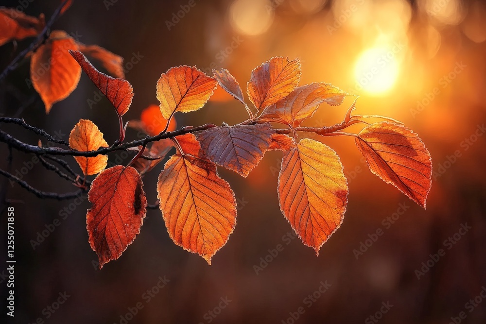 Vibrant autumn leaves glowing in the warm light of sunset in a tranquil forest setting Vibrant autumn leaves glowing in the warm light of sunset in a tranquil forest setting