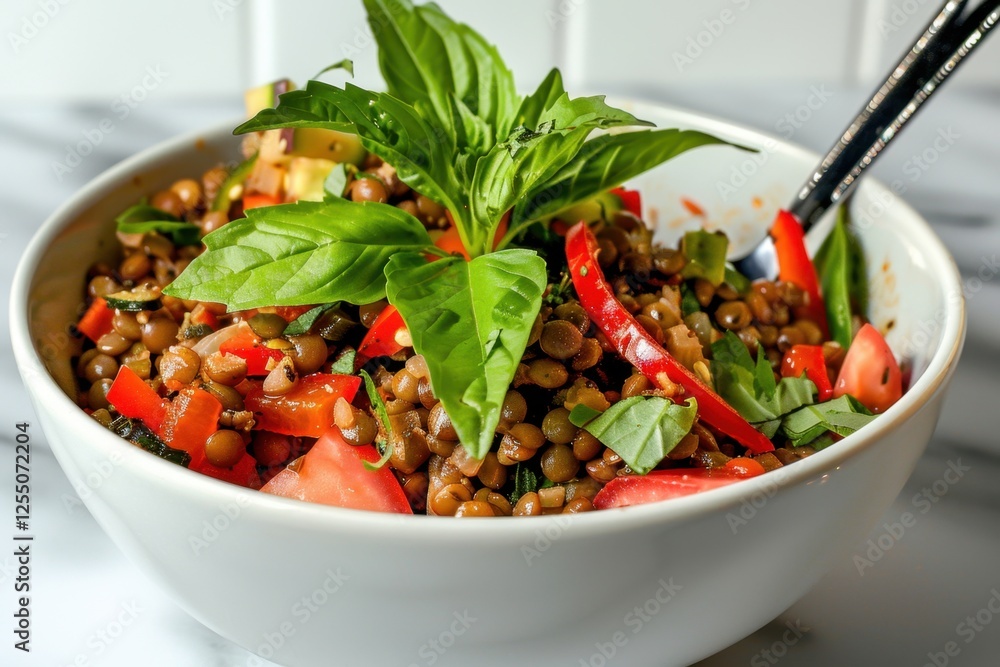 Fresh lentil salad garnished with basil in white bowl
