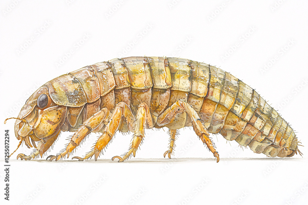 Detailed watercolor illustration of a segmented, yellow-brown, armored arthropod with many legs against a plain white background. Detailed watercolor illustration of a segmented, yellow-brown, armored arthropod with many legs against a plain white background.