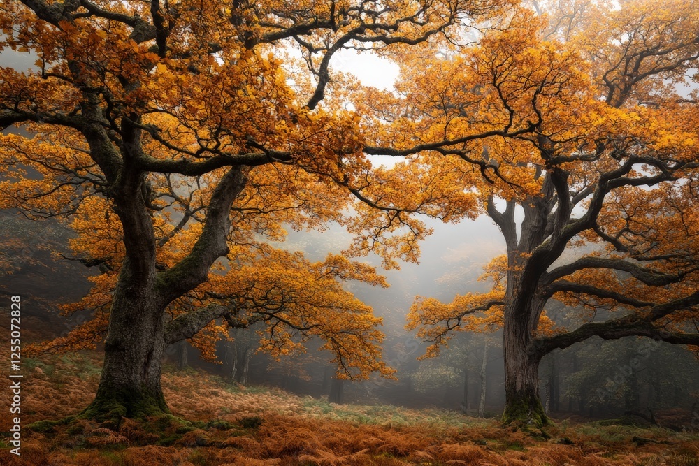 Majestic autumn forest with vibrant orange leaves and fog in serene natural landscape Majestic autumn forest with vibrant orange leaves and fog in serene natural landscape