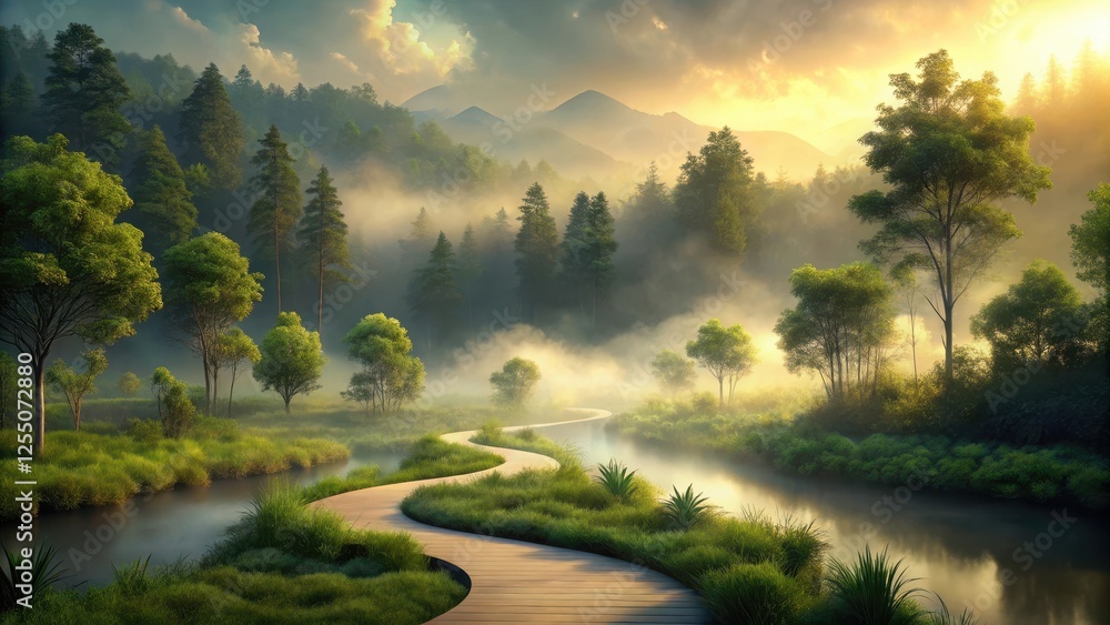 Serene Sunrise Over Misty River with Winding Wooden Pathway Through Lush Green Foliage and Rolling Hills Serene Sunrise Over Misty River with Winding Wooden Pathway Through Lush Green Foliage and Rolling Hills