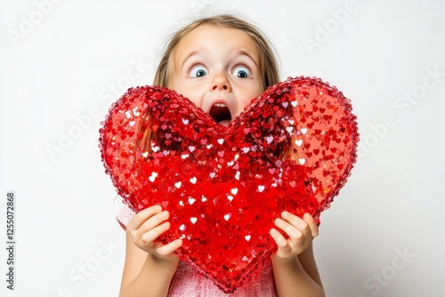 Ð¡hildren valentine's day greeting card: child girl with shocked face holds red heart in hands. Commercial concept art. Sign of love. February love vibes. February romantic mood. photo