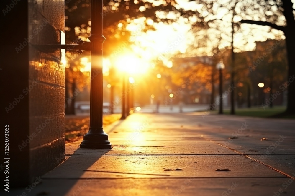 Morning sunlight illuminates a quiet pathway in a park during autumn Morning sunlight illuminates a quiet pathway in a park during autumn