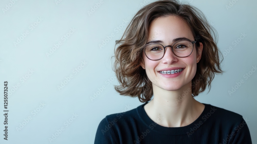 Obraz premium Close-up of happy girl showing off her orthodontic appliance and healthy smile, with space for text
