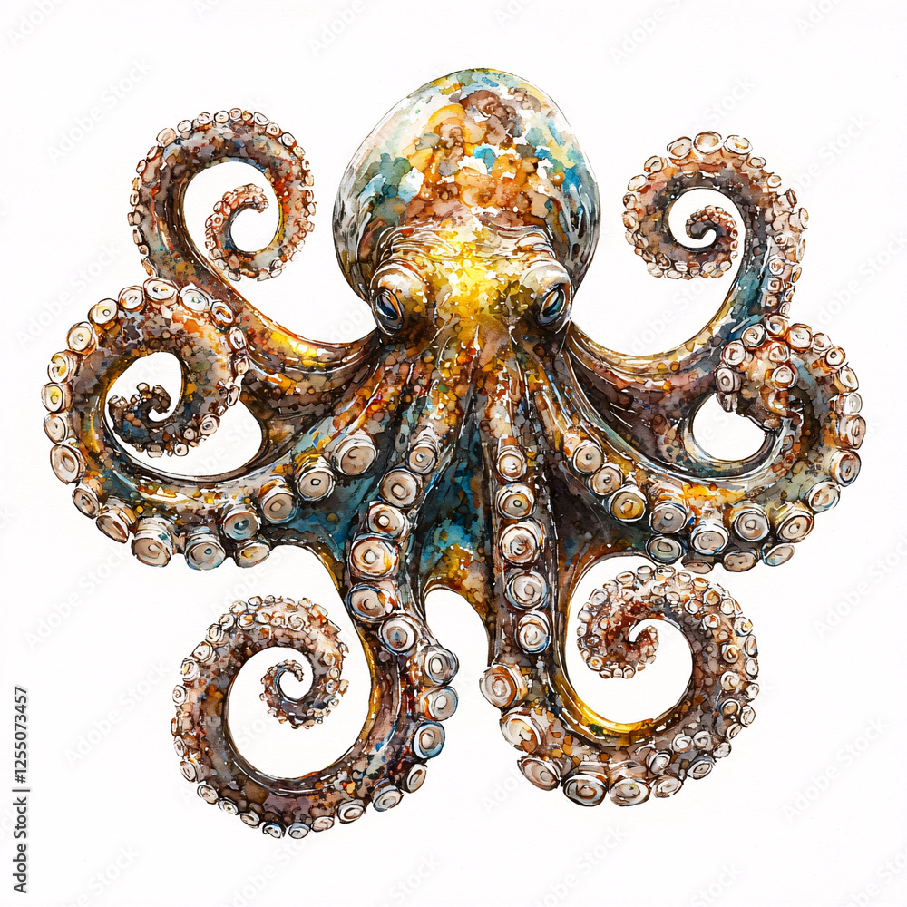 Obraz premium Watercolor style octopus with swirling tentacles, featuring a spectrum of blues, browns, and yellows on a white background.