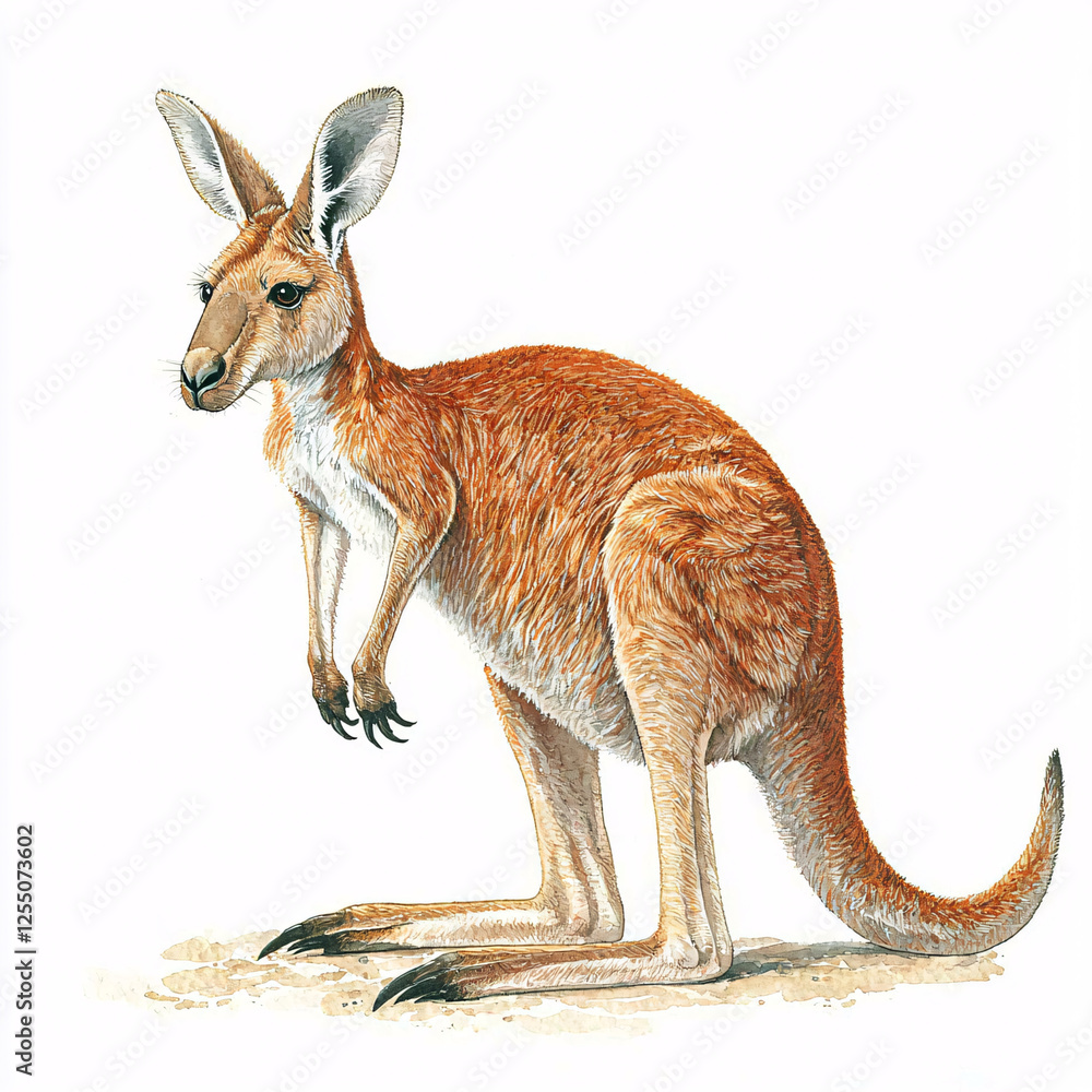 Detailed watercolor illustration of a standing red kangaroo, showcasing its distinctive fur, long feet, and attentive posture.