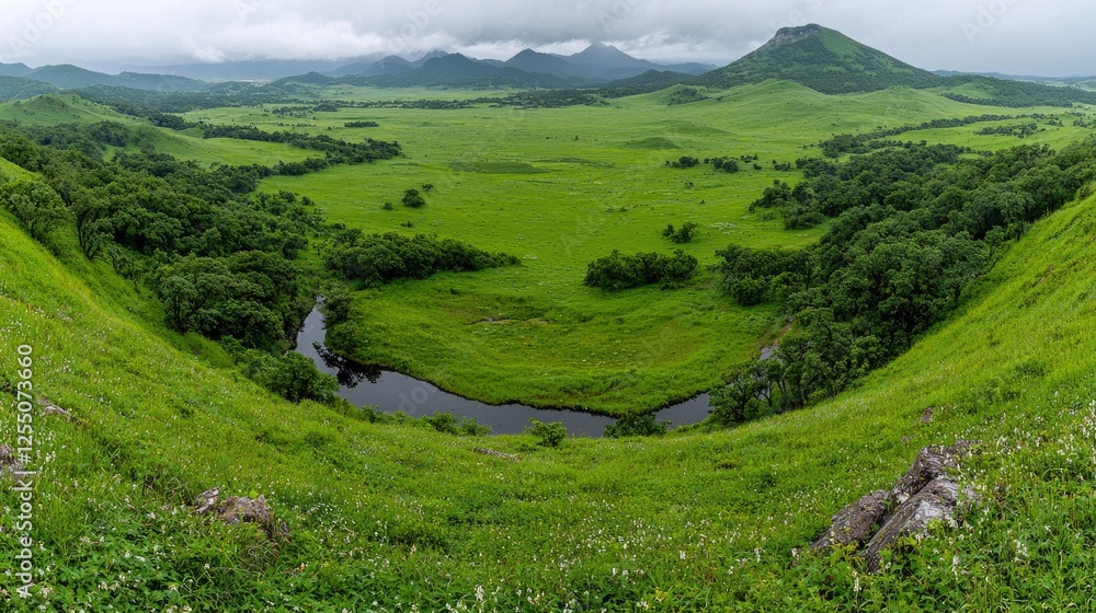 Fototapeta premium Winding river flows through a lush green valley surrounded by rolling hills and distant mountains under a cloudy sky.