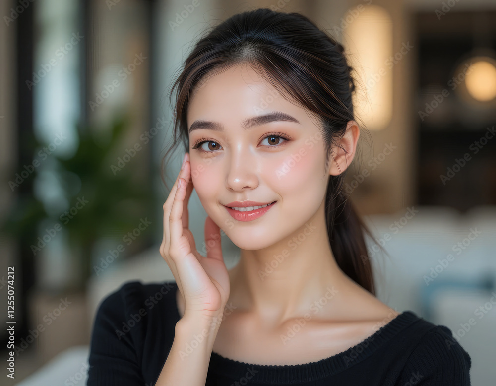 自然な肌、長い髪、スキンケアや美容トリートメントなどに使いやすい美しいアジア人女性のクローズアップポートレート。