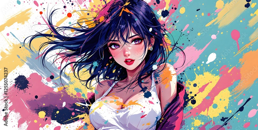 Stylish Anime Girl in Colorful Abstract Art Stylish Anime Girl in Colorful Abstract Art