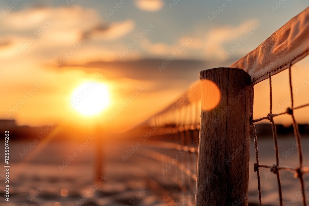 Beautiful sunset over a beach volleyball court with a net and golden sky in the background Beautiful sunset over a beach volleyball court with a net and golden sky in the background