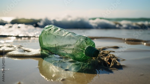 ocean plastic bottles on beach photo