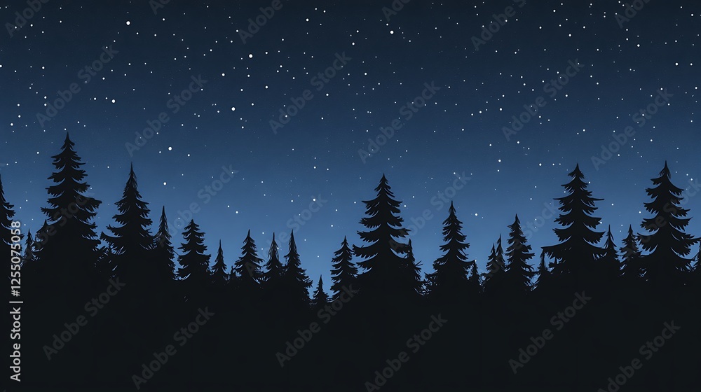 Fototapeta premium Tranquil Dark Forest Silhouette Against Starry Night Sky Serene Wilderness Scene Peaceful Backdrop