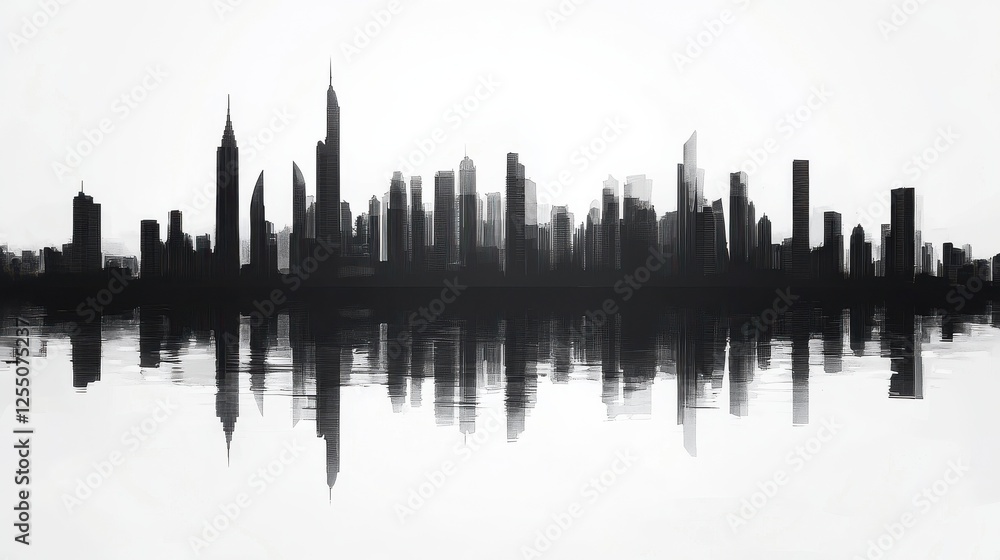 Naklejka premium Silhouette of Dubai's skyline with its iconic skyscrapers, reflected in a calm body of water. The reflection creates a sense of depth and symmetry, highlighting the city's modern architecture.