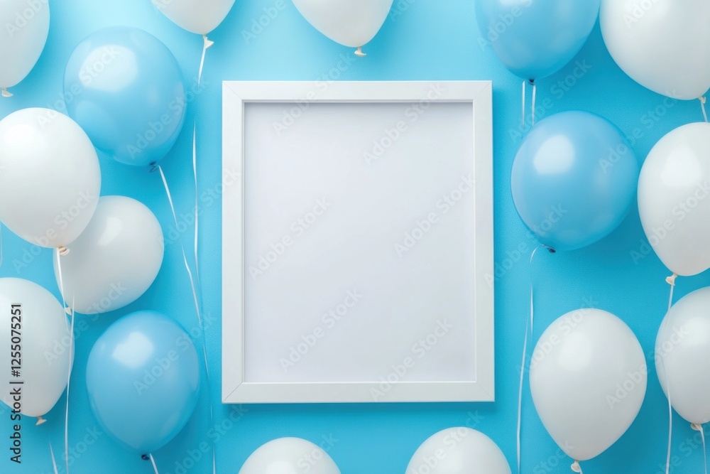 White frame surrounded by blue and white balloons on a blue background. White frame surrounded by blue and white balloons on a blue background.